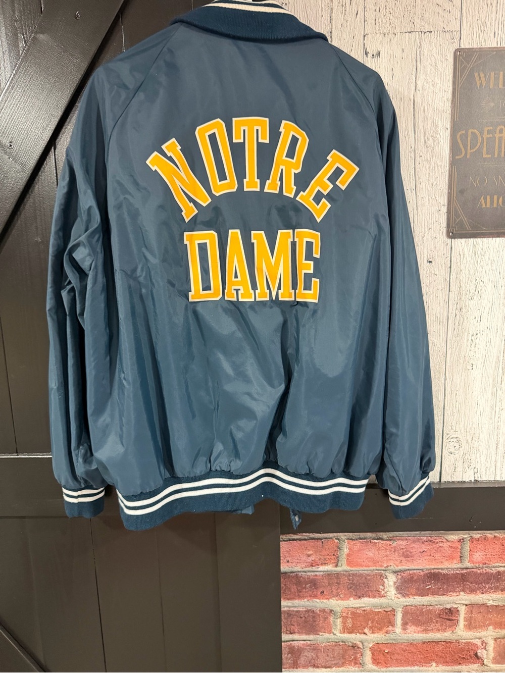 Vintage Notre Dame Men's Navy Bomber Jacket with Yellow Lettering